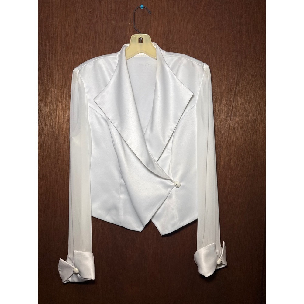 Vintage White Satin Sheer Sleeve Cropped Jacket Rhinestone Button Bridal Medium